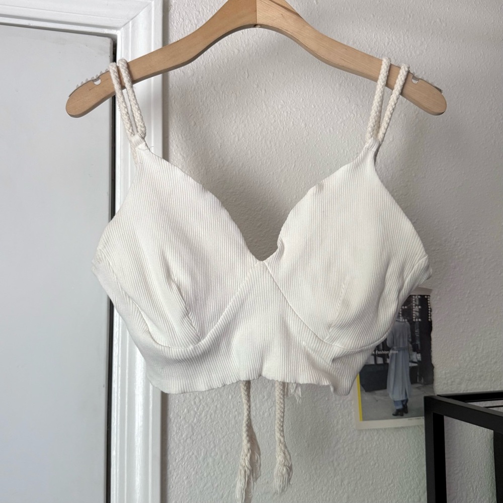PHILTHY RAGZ white rib knit rope strap sleeveless cropped tie back tank top‎